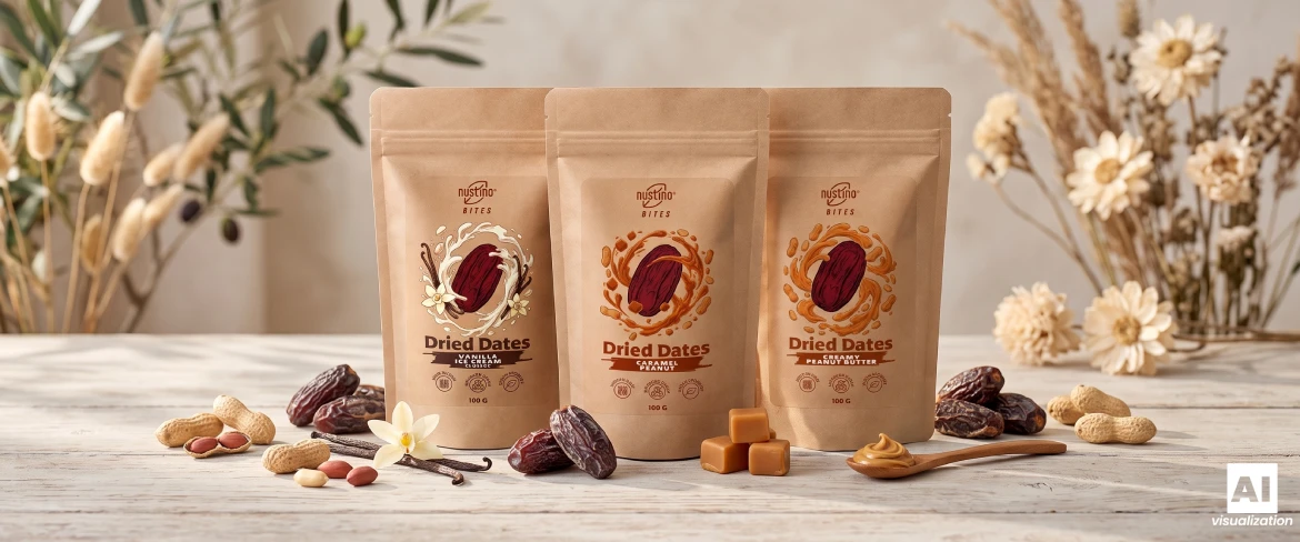 Three Nustino Bites doypacks with flavoured dates, nuts and dried dates.