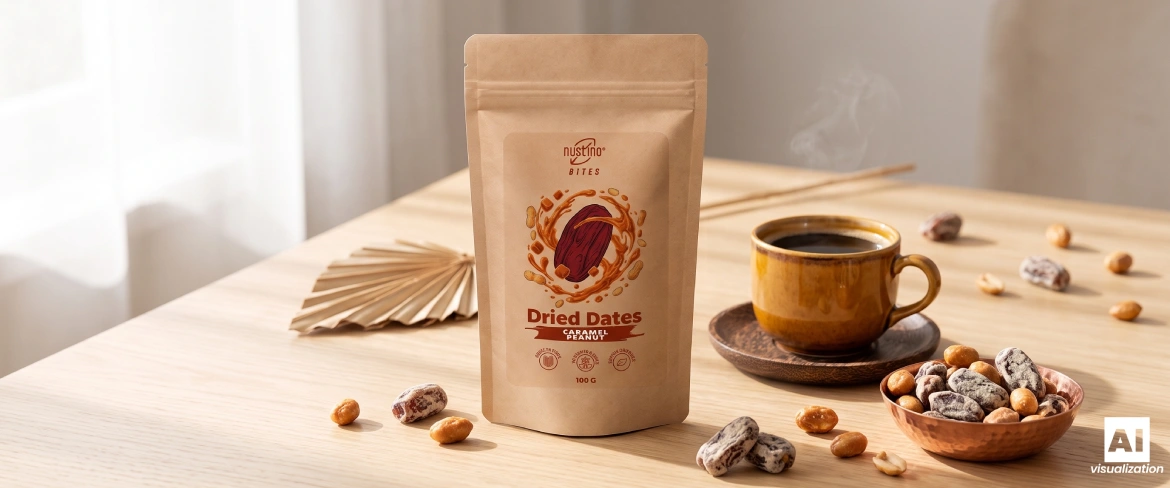 Nustino Bites Caramel Peanut doypack next to a cup of coffee and a nutty snack.