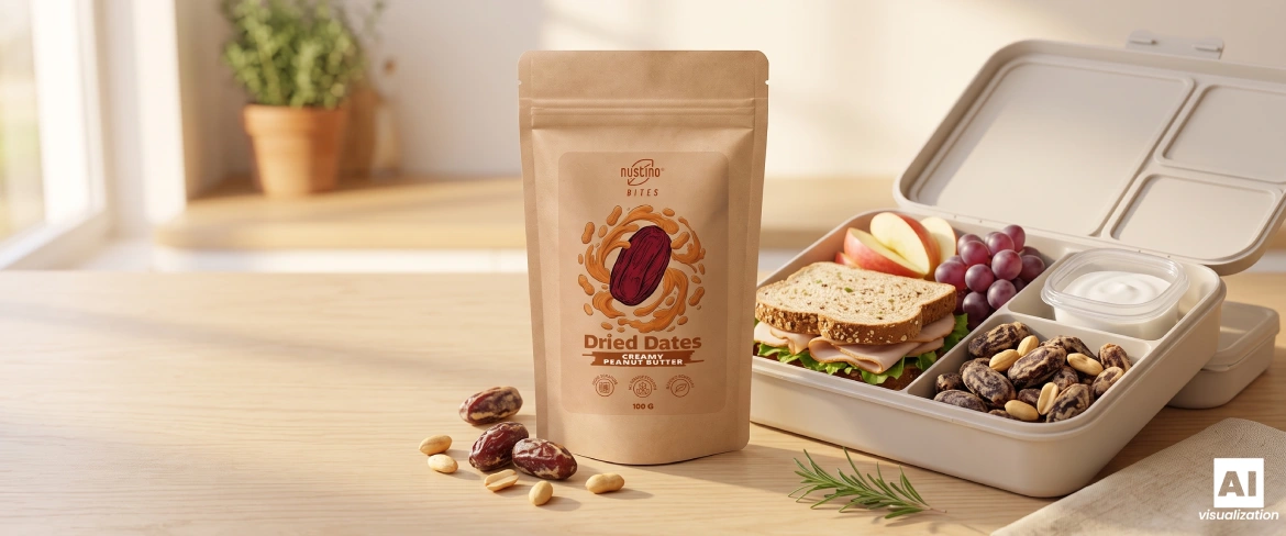 Nustino Bites Creamy Peanut Butter doypack next to a lunchbox, a sandwich, grapes and nuts.