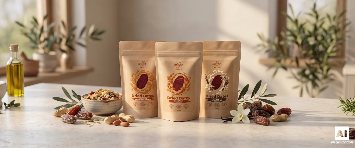 Three Nustino Bites doypacks among dates, nuts and plant-based additions.