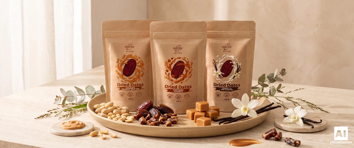 Three Nustino Bites flavour variants on a tray with dates, nuts, caramel and vanilla.