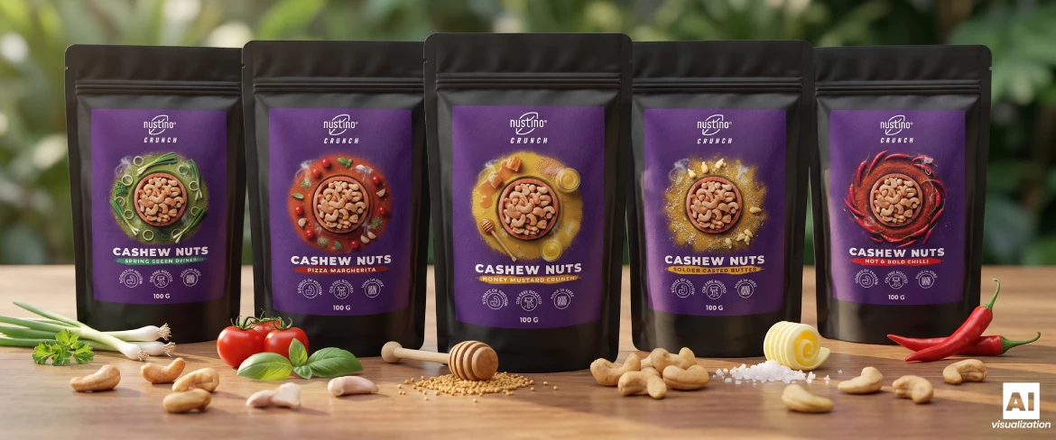 Five packs of Nustino Crunch roasted cashew nuts with flavour ingredients.