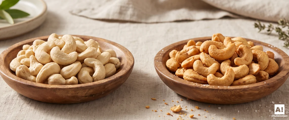Natural and roasted cashew nuts in wooden bowls.