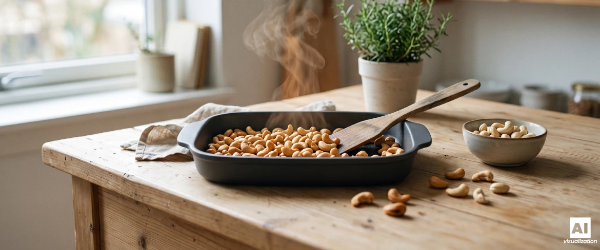 Roasted cashew nuts on a baking tray with a wooden spatula during heat treatment.