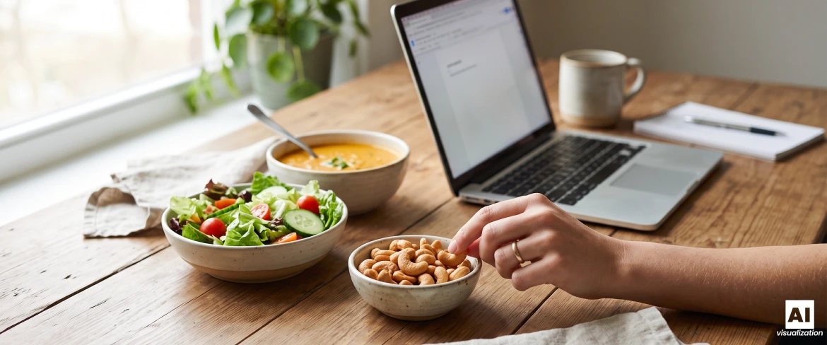 Roasted cashew nuts in a bowl next to a salad, soup and a laptop.