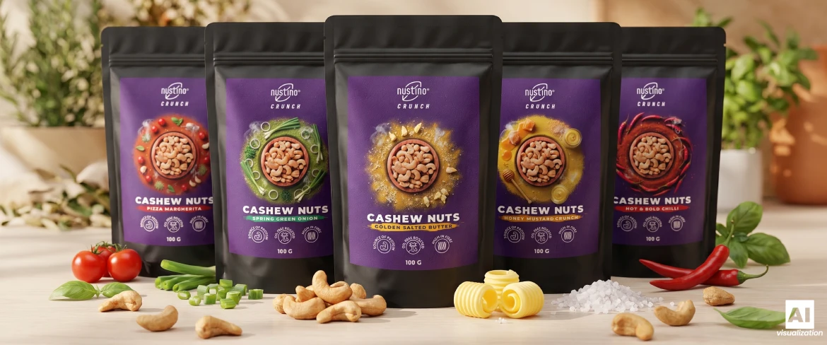 Five flavour varieties of Nustino Crunch roasted cashew nuts.