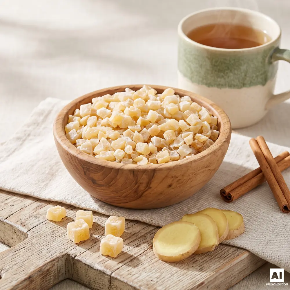 A wooden bowl of candied ginger pieces next to a cup of tea, cinnamon and slices of fresh ginger.