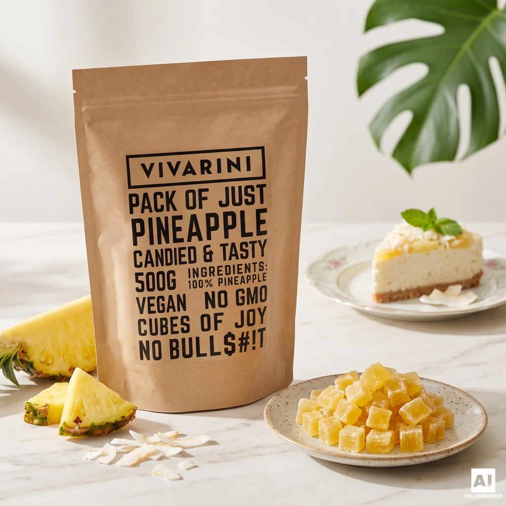 A doypack of Vivarini candied pineapple next to a coconut cheesecake and fresh pineapple slices on a worktop.