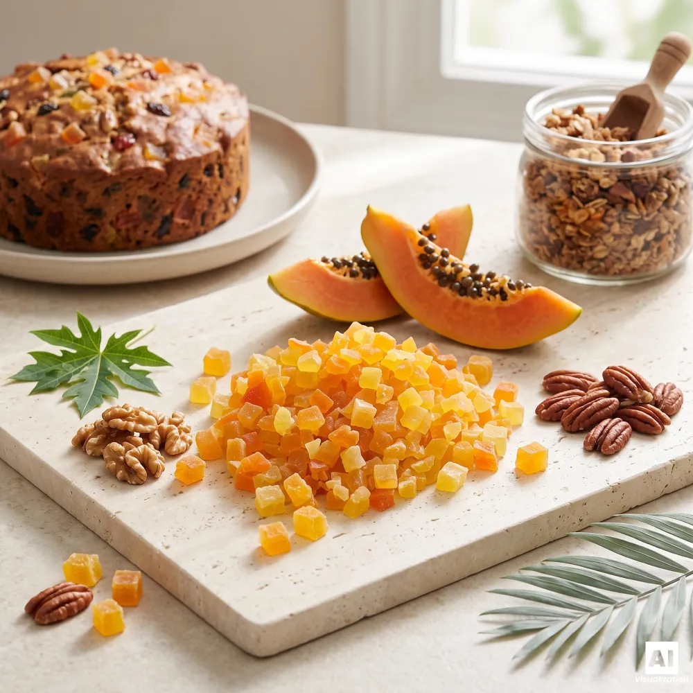 Pieces of candied papaya next to a fruit cake, a jar of homemade granola, nuts and fresh, ripe papaya.