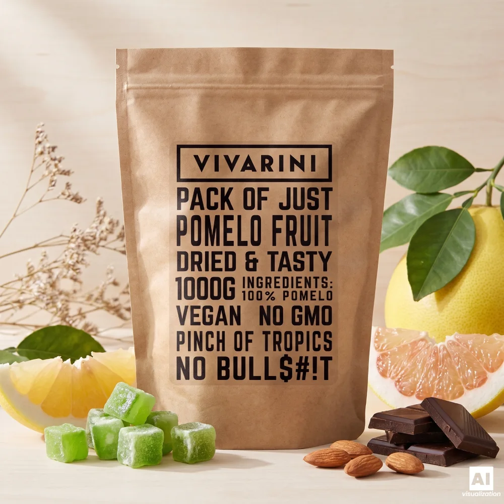 A pack of Vivarini candied pomelo next to fresh citrus fruit, dark chocolate and almonds.