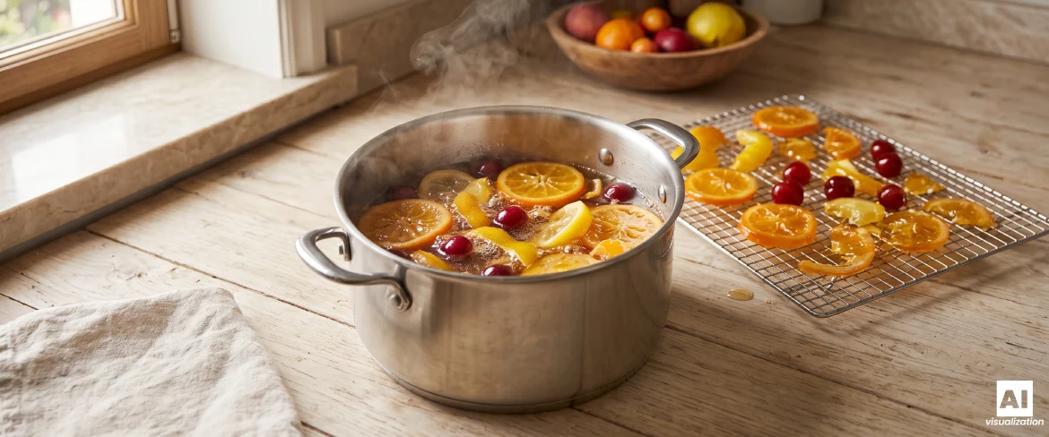 Oranges and cranberries cooked in sugar syrup during the candying of fruit, with fruit drying on a rack next to them.