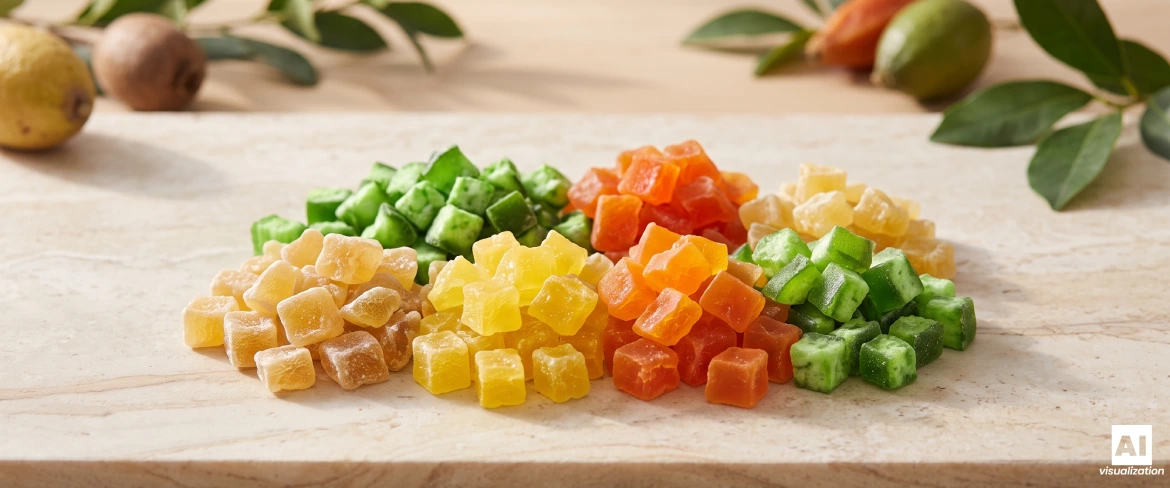 Colourful cubes of candied fruit – pineapple, papaya and pomelo – arranged on a light stone kitchen worktop.