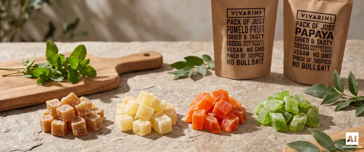 Cubes of candied fruit next to doypacks of Vivarini candied pomelo and candied papaya on a stone worktop.
