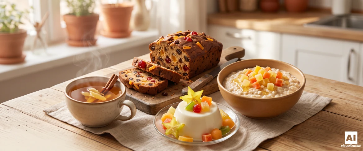 A cake with dried fruit, aromatic tea, panna cotta and porridge with candied fruit on a wooden kitchen table.