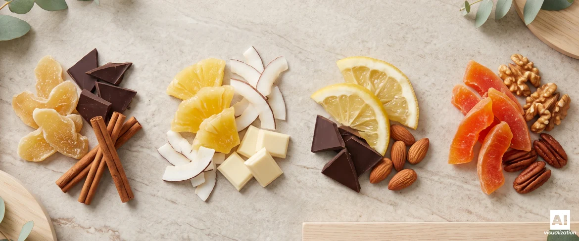 Suggested flavour pairings of candied fruit with chocolate, nuts, coconut and warming spices.