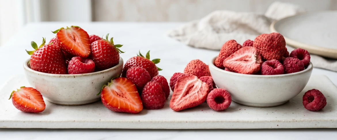 Freeze dried strawberries and freeze dried raspberries compared with fresh fruit