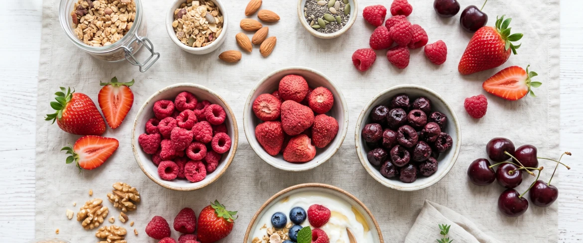 Freeze dried fruit in bowls – freeze dried strawberries, freeze dried raspberries and freeze dried cherries