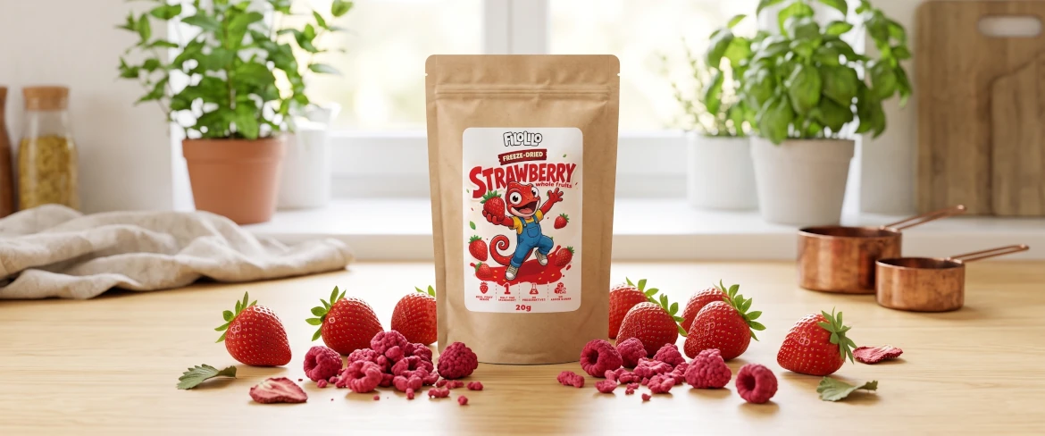 FiloLilo doypack with strawberries, freeze-dried strawberries and raspberries on a kitchen worktop