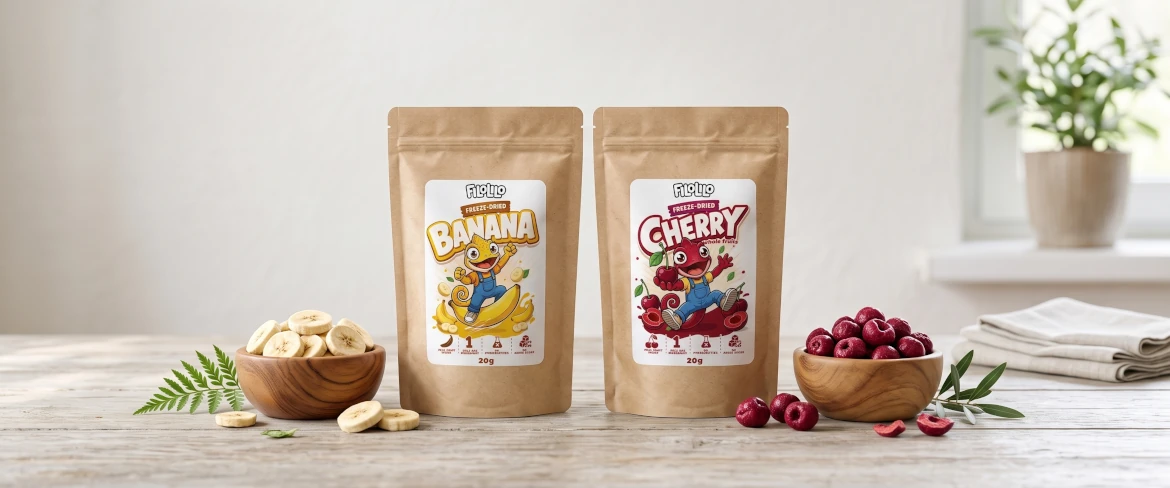 Two FiloLilo doypacks – freeze-dried bananas and cherries beside bowls of fruit