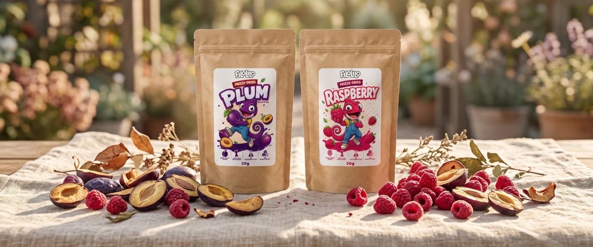 FiloLilo doypacks with freeze-dried plums and raspberries on a table in natural light
