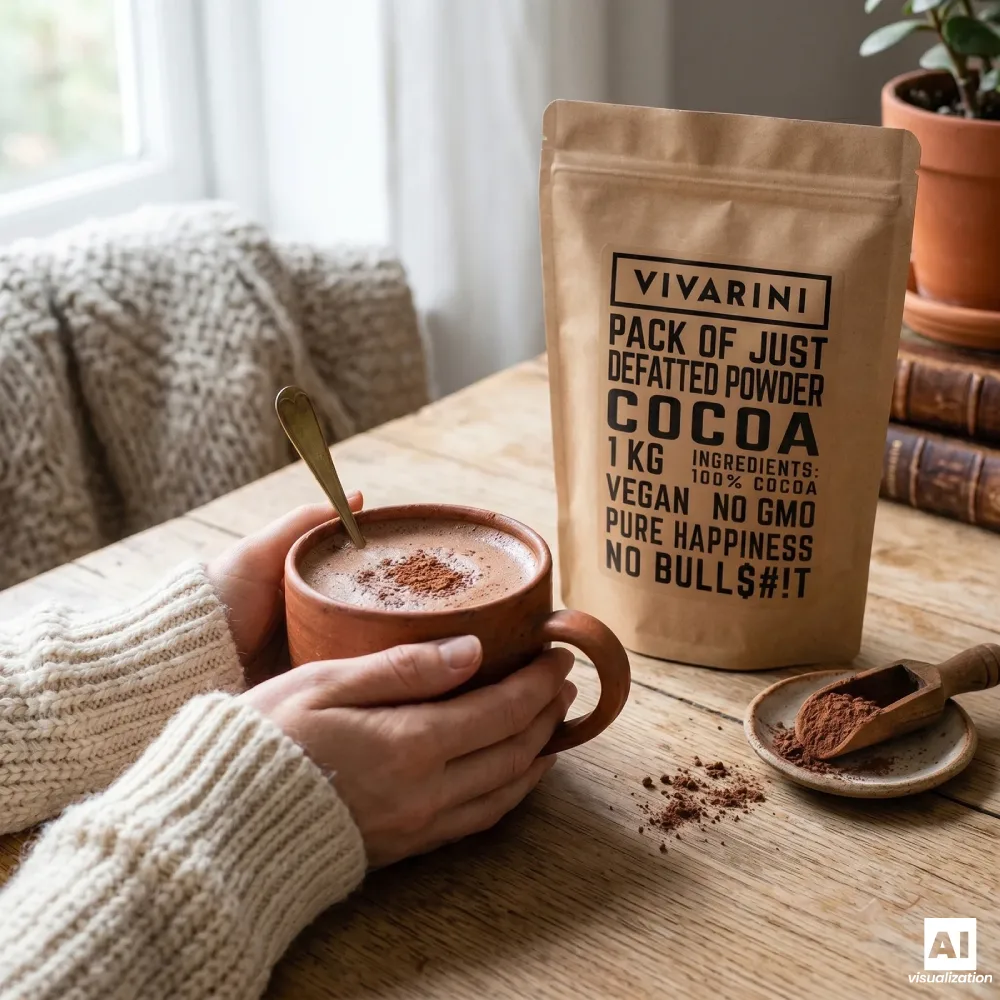 Vivarini alkalised cocoa powder with a cup of cocoa drink.