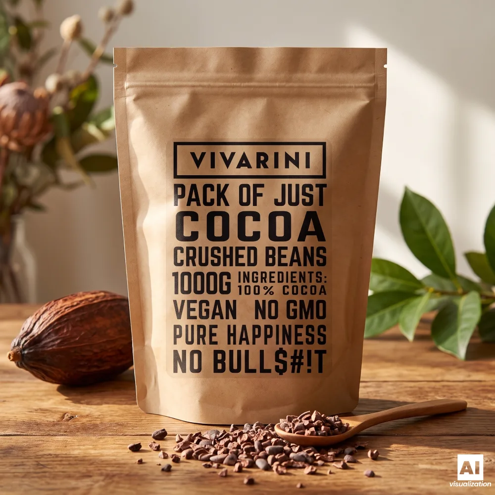 Vivarini crushed cocoa beans in a pack with scattered nibs.