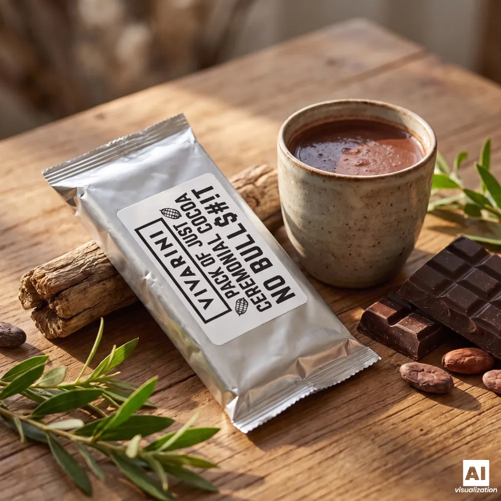 Vivarini Criollo ceremonial cocoa in silver packaging next to a cup of cocoa.