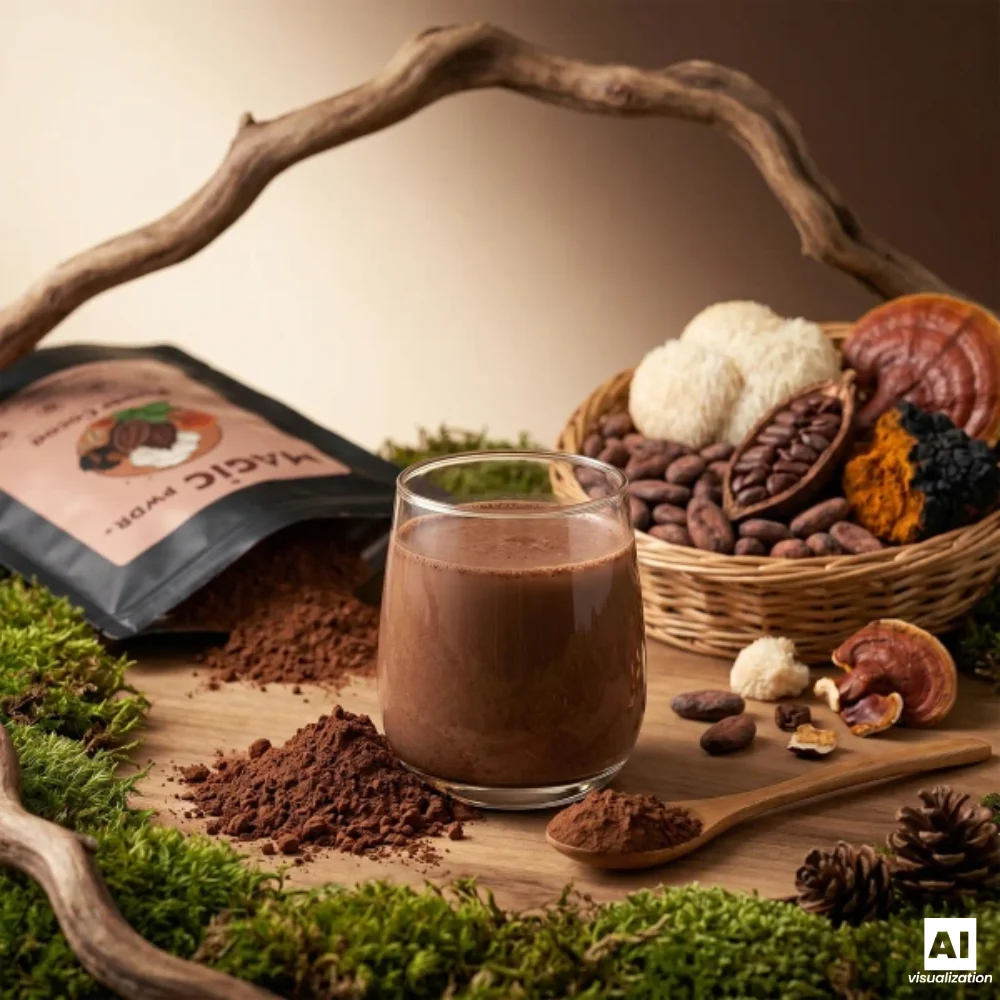 Magic Pwdr Power Cocoa, that is cocoa with mushroom extracts, next to a cup of warm cocoa drink.