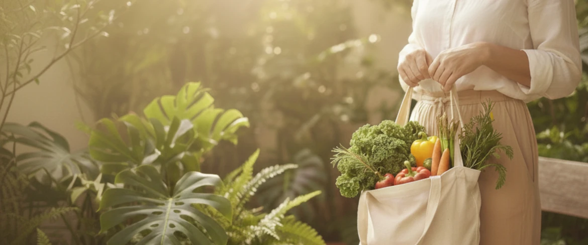 Eco‑friendly lifestyle and choosing organic food – bag filled with organic products such as fresh vegetables and herbs