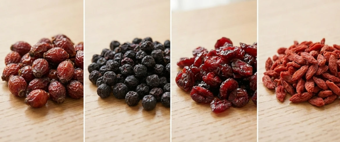 Dried fruit – properties: chokeberry, dried rosehip and dried cranberries