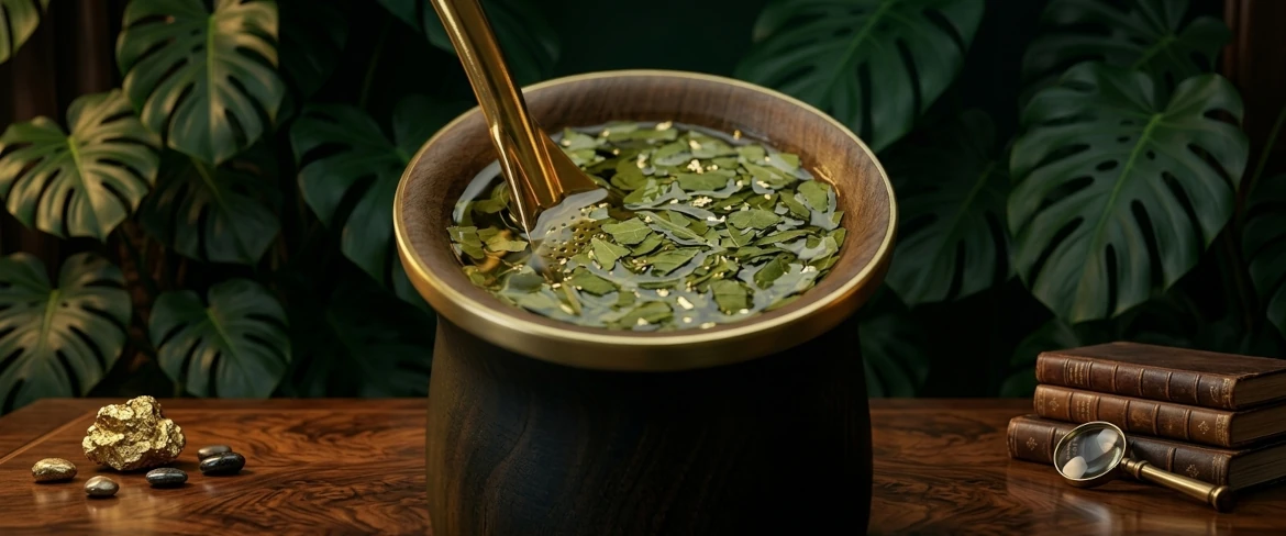 Coarsely cut leaves in a wooden mate gourd – a characteristic feature of yerba mate green premium
