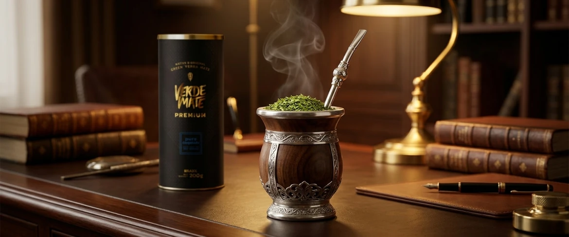 The traditional ritual of brewing hot yerba mate premium in an elegant mate gourd next to a Verde Mate brand tube