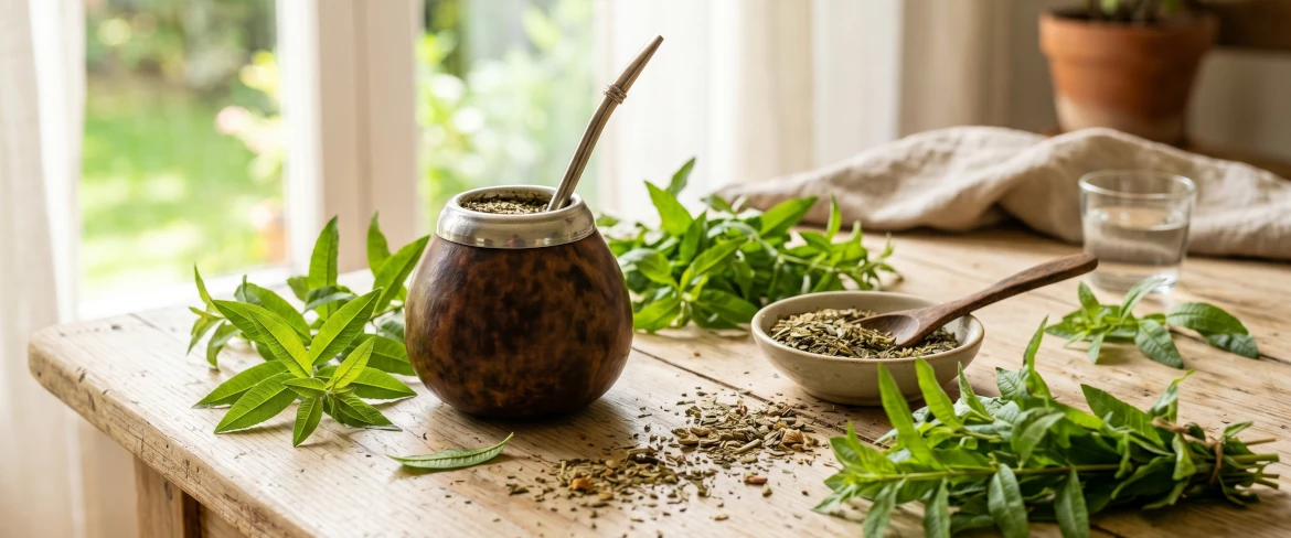 Yerba mate gourd surrounded by herbs. Discover what lemon verbena can be added to.