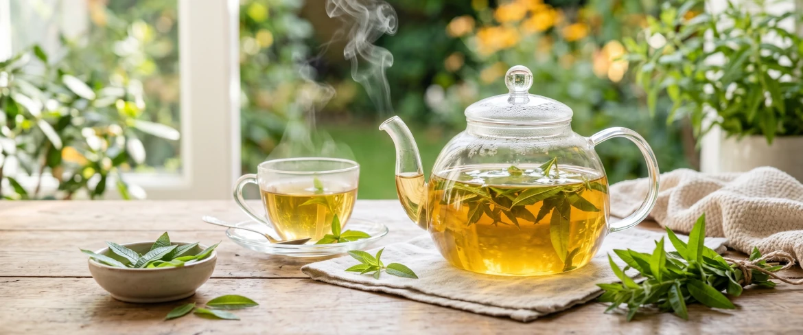 Hot lemon verbena infusion in a glass teapot.