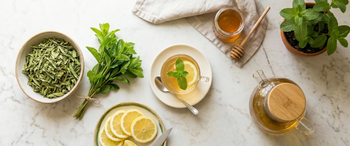 Ingredients for lemon verbena tea arranged in a top-down view.
