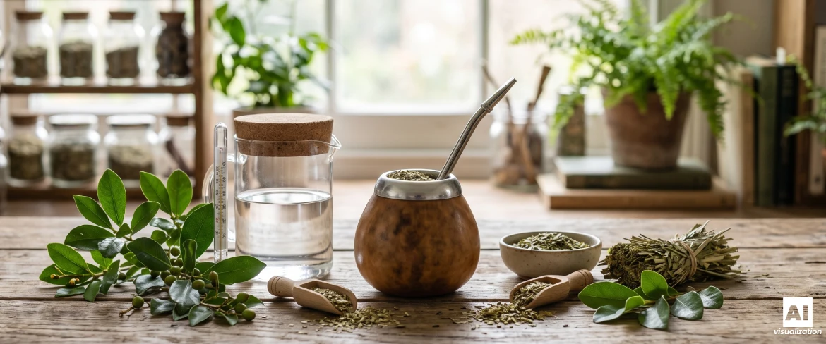 A mate gourd with yerba mate, yerba mate leaves, dried yerba mate, water and a thermometer for brewing.