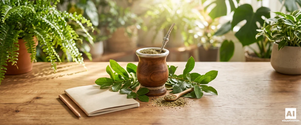 Yerba mate in a wooden mate gourd with yerba mate leaves and a notebook on a table.