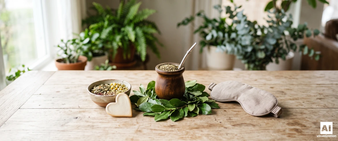 Yerba mate in a mate gourd surrounded by leaves, herbs and a sleep mask.