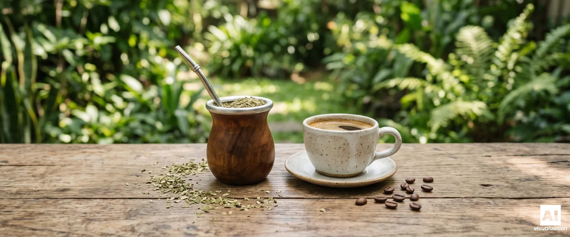 Yerba mate and a cup of coffee side by side on a wooden table.