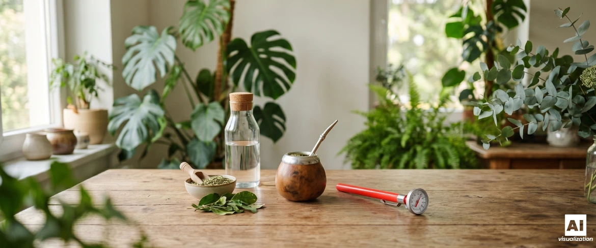 A mate gourd with yerba mate, water, dried yerba mate and a thermometer for checking the temperature of the infusion.