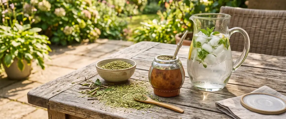 Yerba mate leaves and a glass jug of ice-cold water