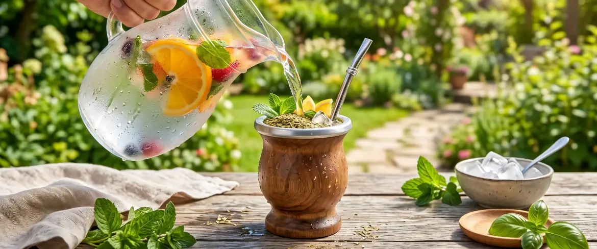 Cold yerba mate being poured with chilled fruit juice to prepare tereré