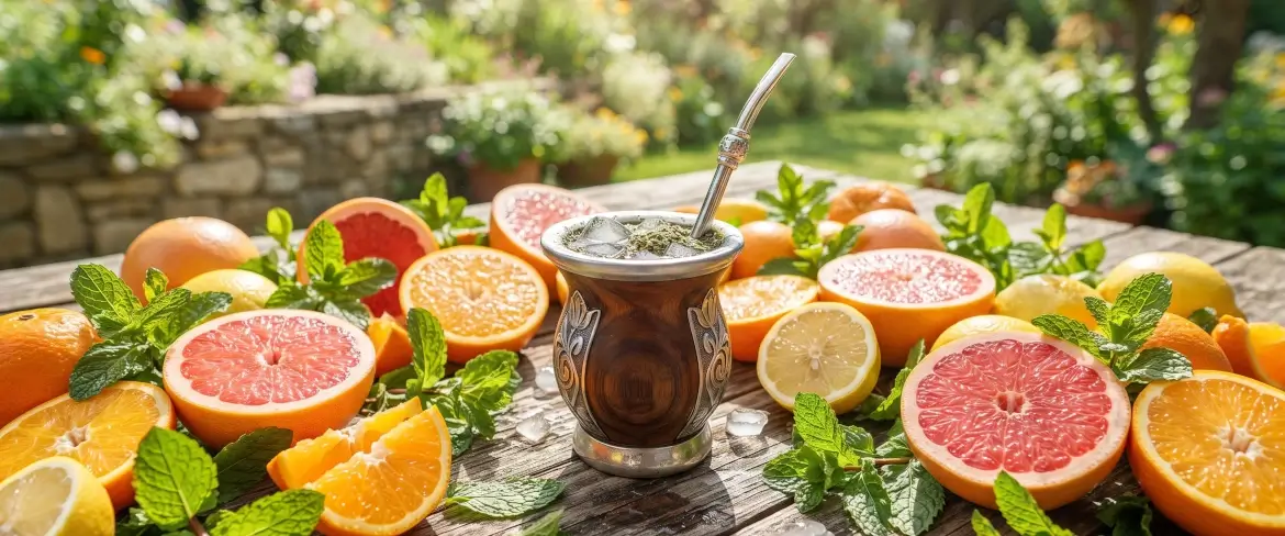 Refreshing cold yerba mate surrounded by citrus fruit