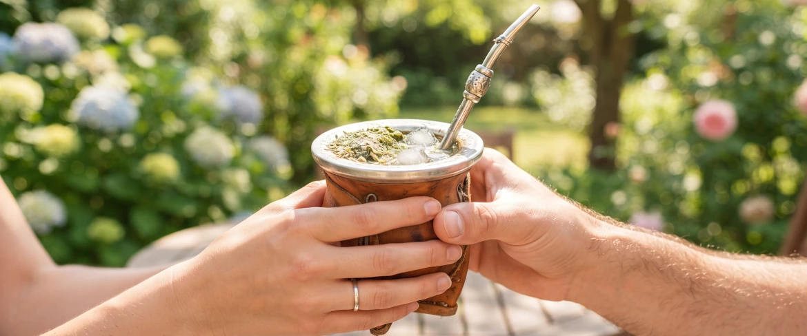 Two people sharing a gourd of ice-cold tereré in a sunny green garden