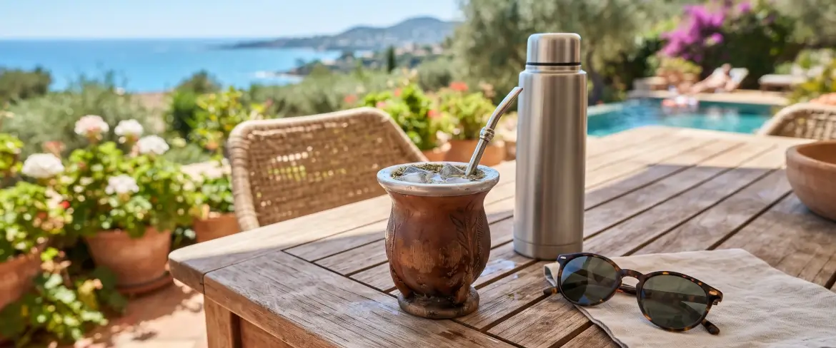 Summer relaxation on a terrace with a thermos and mate gourd