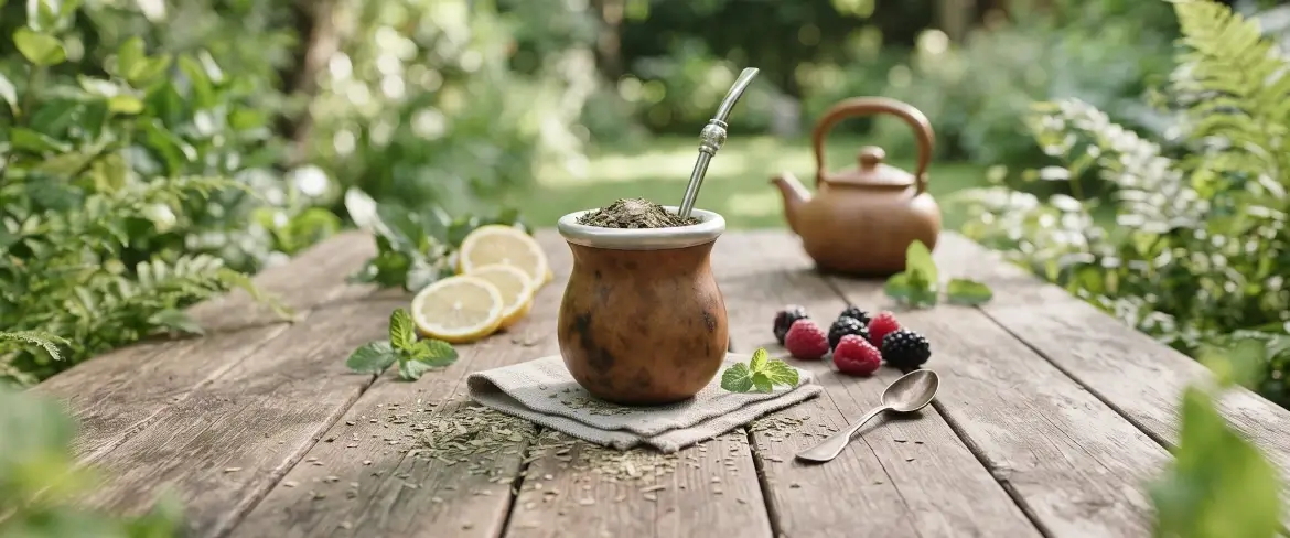 Mate gourd with yerba mate on a wooden table, with lemon and mint beside it, creating a natural setting for the drink.