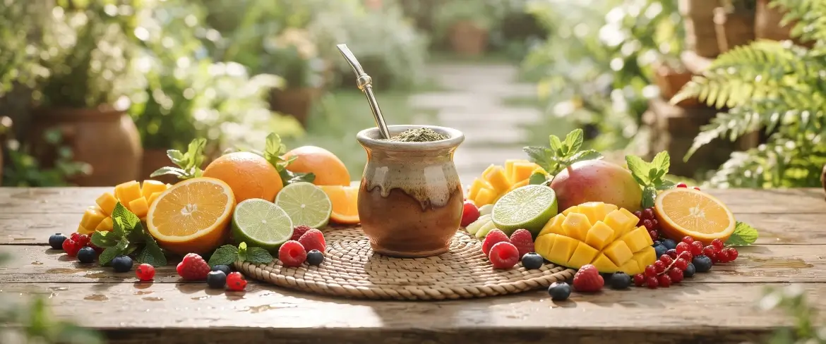 Fruit yerba mate with citrus, mango and berries around a mate gourd, creating a fresh and refreshing infusion.