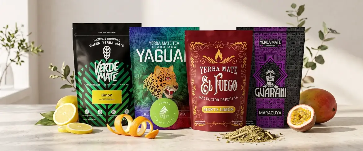 Different flavoured yerba mate doypacks with fruit, including citrus and fruit yerba mate.