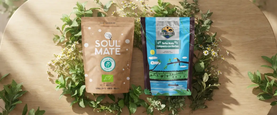 Herbal yerba mate doypacks with peppermint and herbs in a natural composition on a wooden background.
