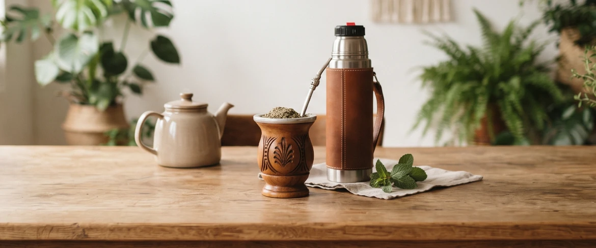 Mate gourd with yerba mate, a thermos and brewing accessories on a table, illustrating a daily yerba mate ritual.